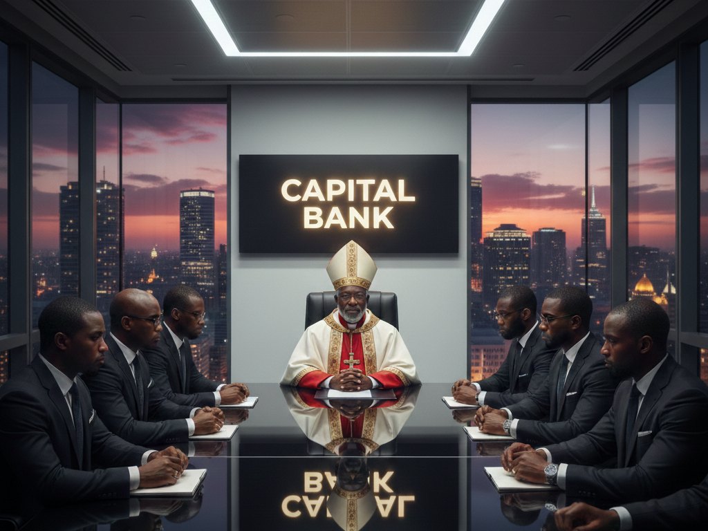 Bank boardroom at dusk beneath a Capital Bank sign, a robed clergyman seated at the head of the table