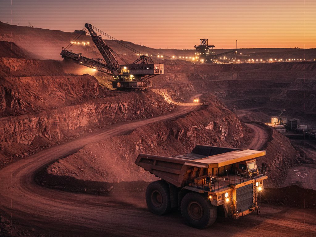 Open-cast iron ore mine at dusk, haul truck and dragline excavator in operation